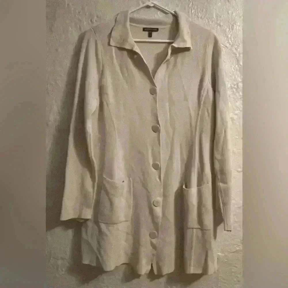 EILEEN FISHER Cream Silk and Organic CottonKnit Sweater Shacket Lagenlook; M - Picture 1 of 8